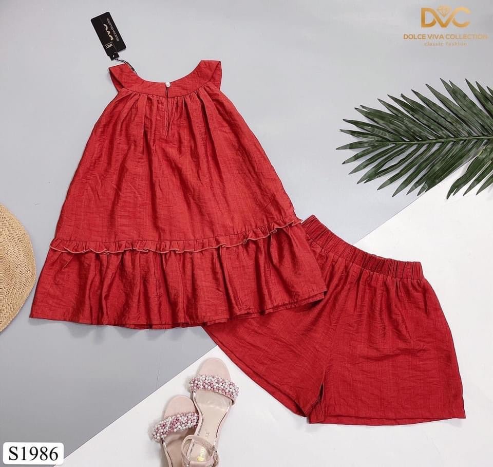 MJS1986 Red Halter Ruffle Hem Top + Short Set - Mia & Jon
