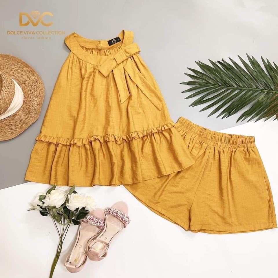 MJS1987 Yellow Halter Ruffle Hem Top + Short Set - Mia & Jon