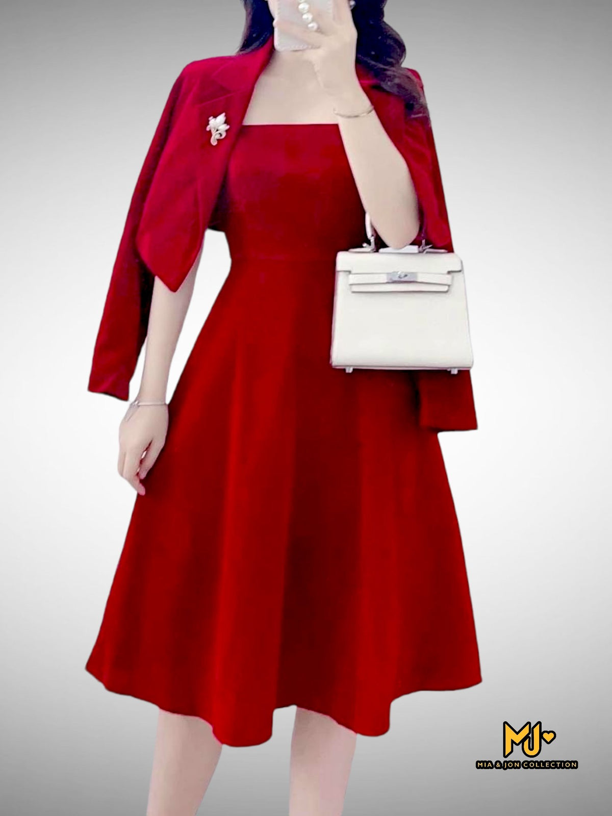 MJS2205 Lapel Collar Blazer + Fit & Flare Velvet Midi Dress - Mia & Jon