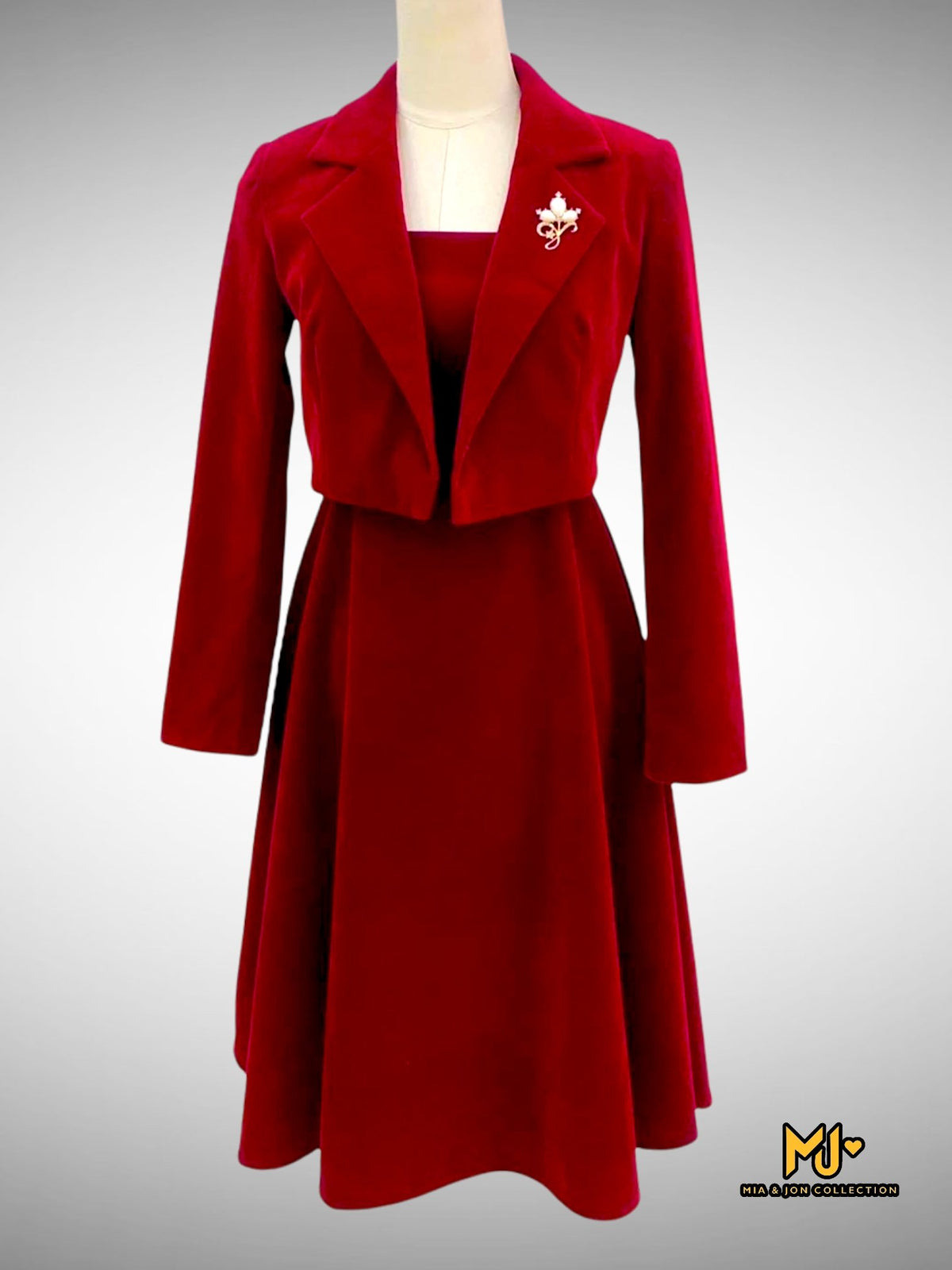 MJS2205 Lapel Collar Blazer + Fit & Flare Velvet Midi Dress - Mia & Jon