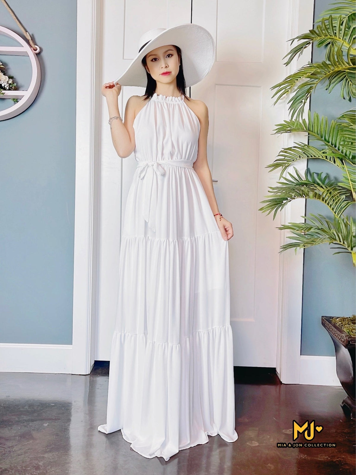 MJV016 White Solid Halter Neck Maxi Dress - Mia & Jon Mia & Jon MJV016 White Solid Halter Neck Maxi Dress - Mia & Jon Mia & Jon