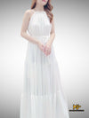 MJV016 White Solid Halter Neck Maxi Dress - Mia & Jon