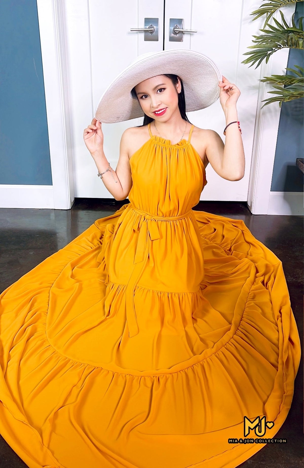 MJV017 Yellow Solid Halter Neck Maxi Dress - Mia & Jon