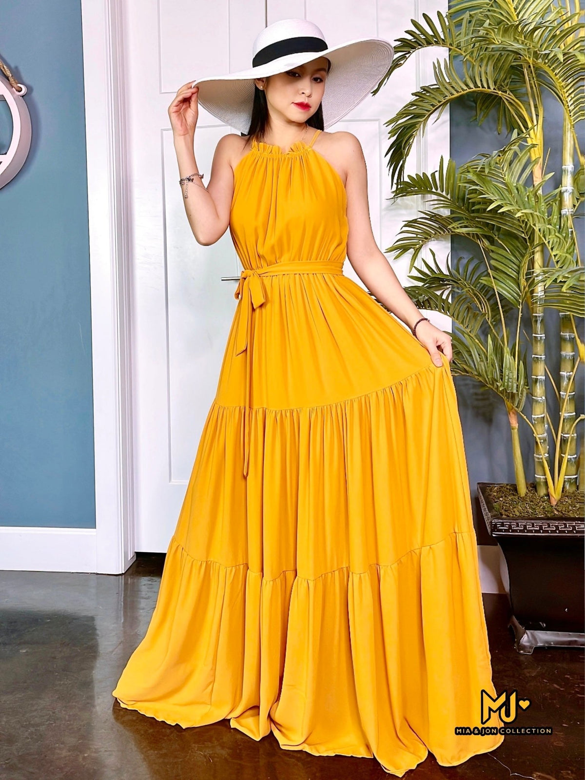MJV017 Yellow Solid Halter Neck Maxi Dress - Mia & Jon