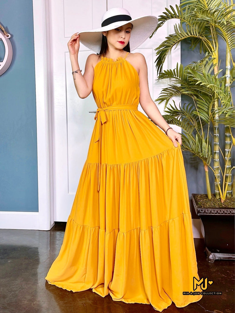 Keneea Linton Yellow Maxi Halter Wrap Dress