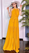 MJV017 Yellow Solid Halter Neck Maxi Dress - Mia & Jon