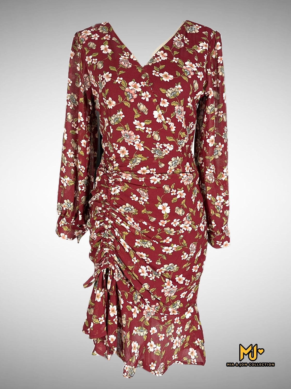 MJV1001 Red Floral Print Ruched Chiffon Dress - Mia & Jon