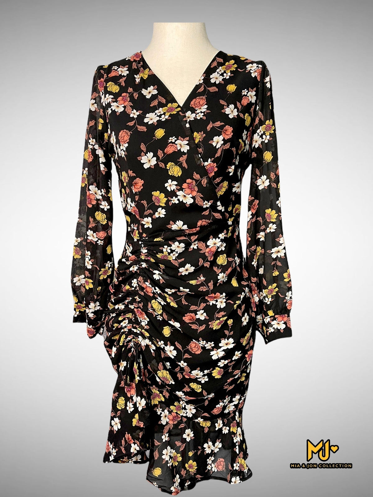 MJV1002 Black Floral Ruched Chiffon Dress - Mia & Jon
