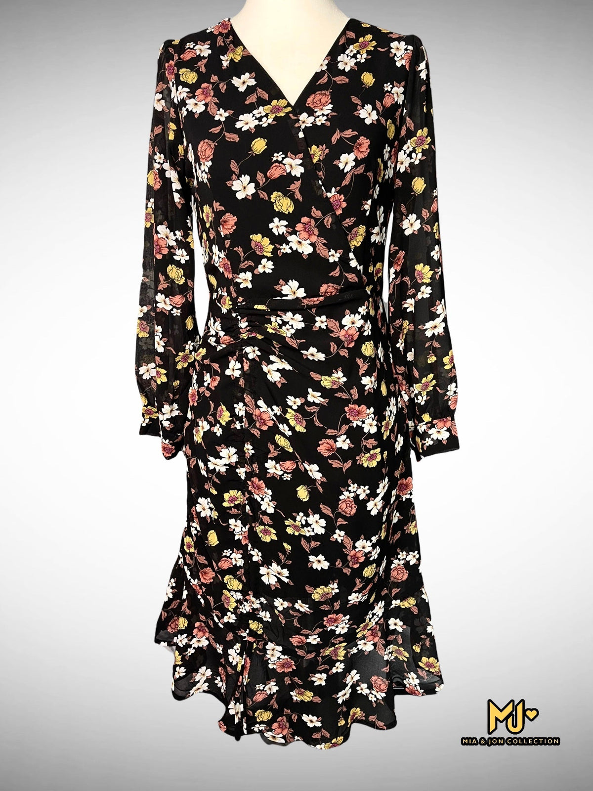 MJV1002 Black Floral Ruched Chiffon Dress - Mia & Jon