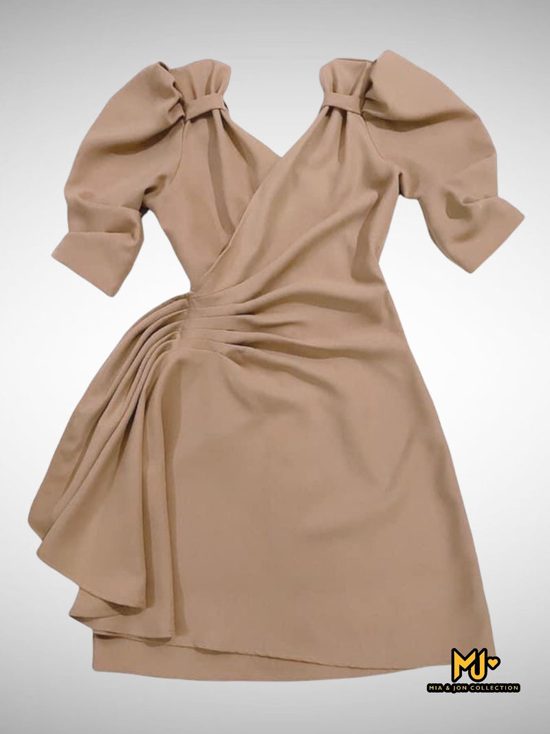 MJV1134 Puff Sleeve V Neck Wrap Dress - Mia & Jon