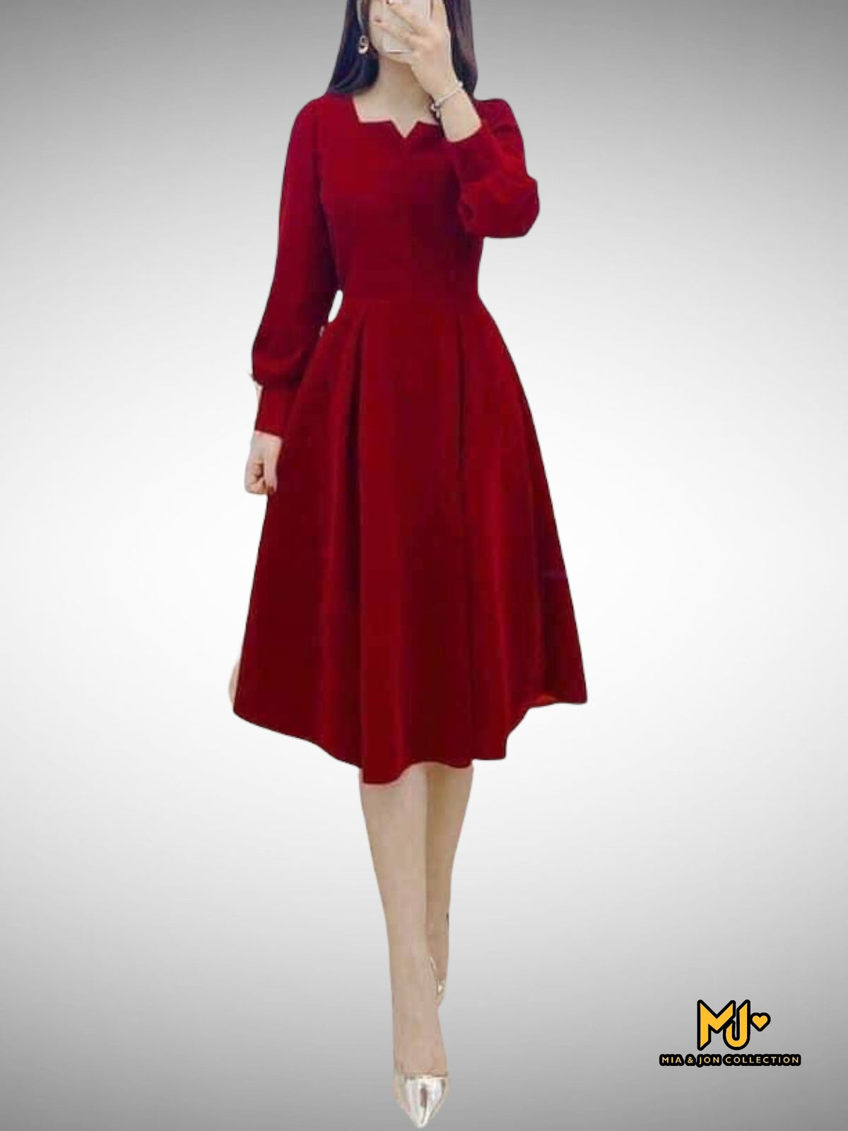 MJV1316 Long Sleeve Red Velvet Fit & Flare Dress - Mia & Jon L MJV1316 Long Sleeve Red Velvet Fit & Flare Dress - Mia & Jon L