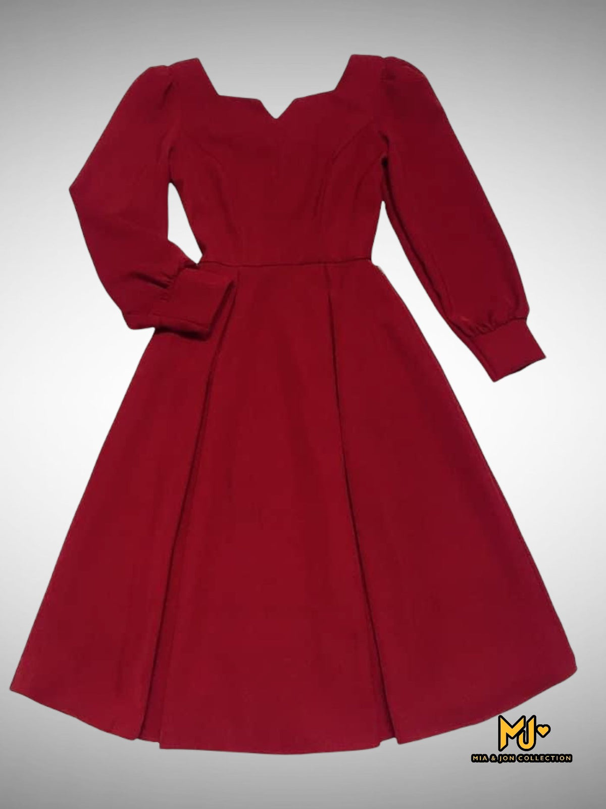 MJV1316 Long Sleeve Red Velvet Fit & Flare Dress - Mia & Jon