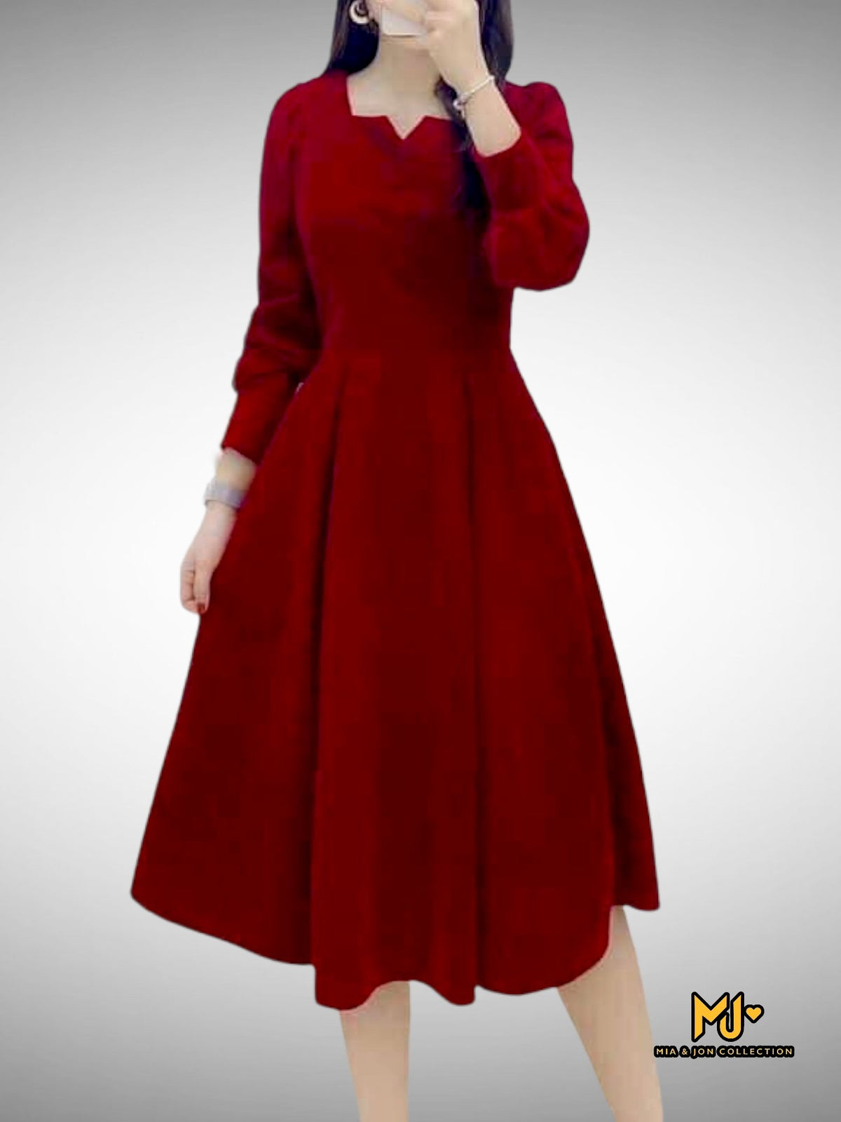 MJV1316 Long Sleeve Red Velvet Fit & Flare Dress - Mia & Jon L MJV1316 Long Sleeve Red Velvet Fit & Flare Dress - Mia & Jon L