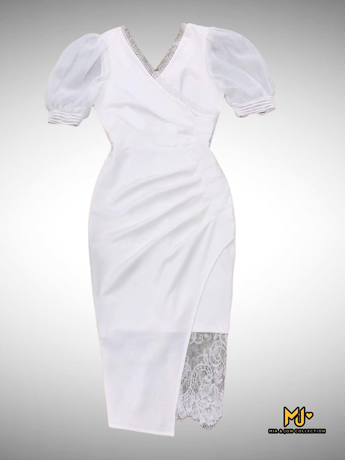 MJV1483 White Puff Sleeve Faux Wrap Party Dress - Mia & Jon