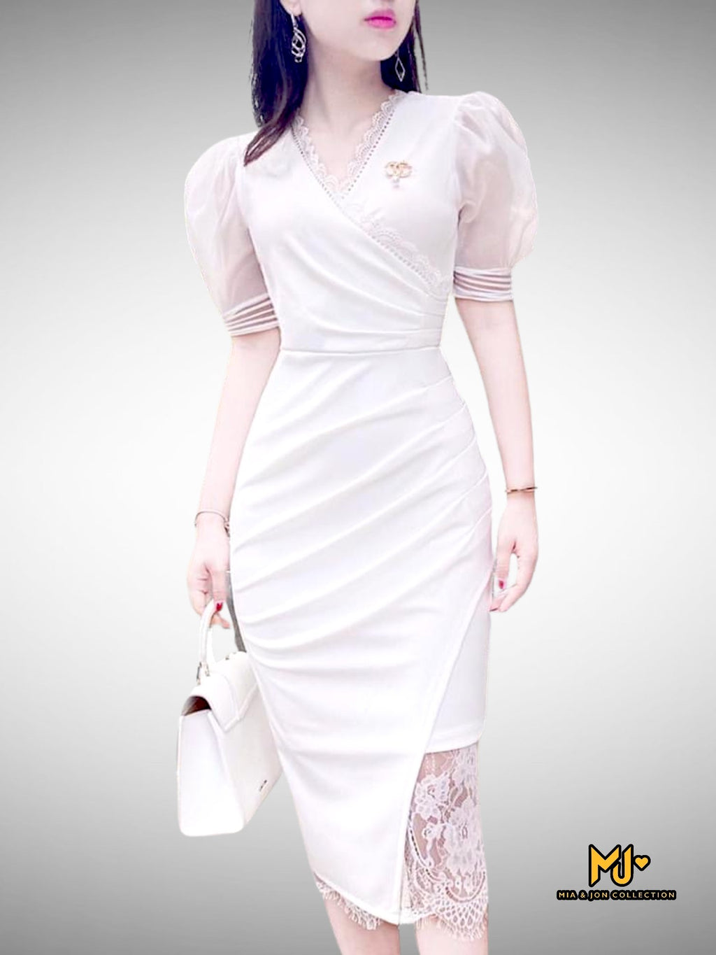 MJV1483 White Puff Sleeve Faux Wrap Party Dress Mia Jon Mia Jon
