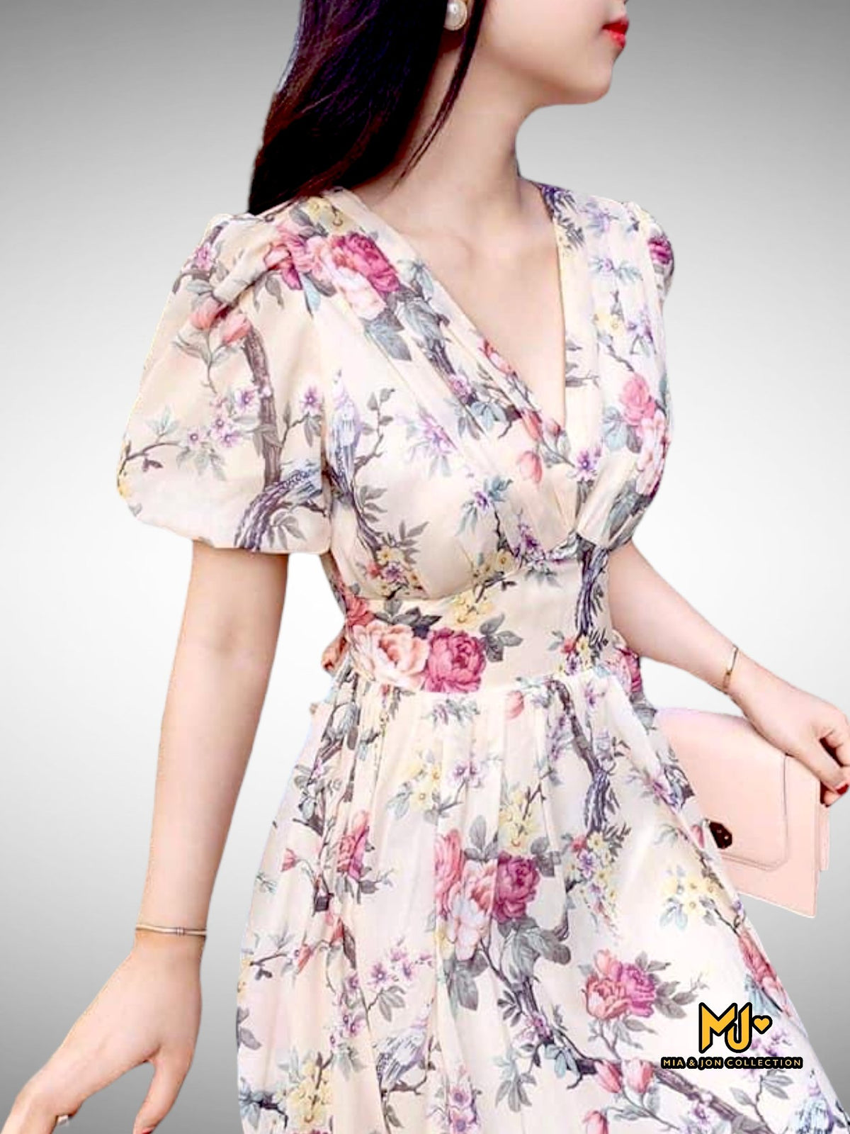 MJV1511 Floral V-Neck Puff Sleeve Fit & Flare Dress - Mia & Jon