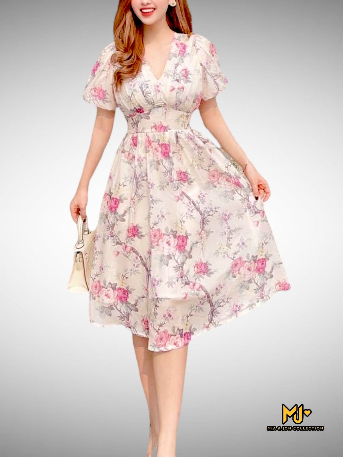 MJV1511 Floral V-Neck Puff Sleeve Fit & Flare Dress - Mia & Jon