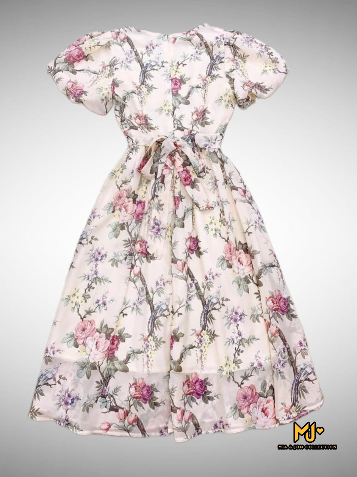 MJV1511 Floral V-Neck Puff Sleeve Fit & Flare Dress - Mia & Jon