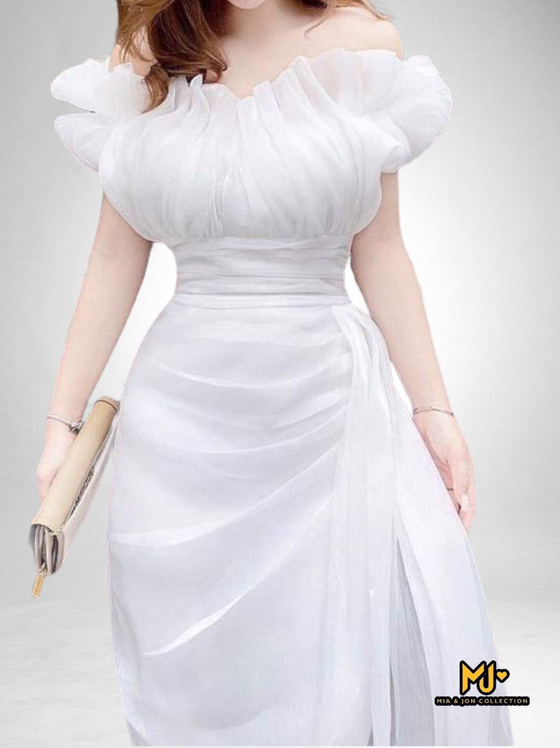 MJV1709 Off Shoulder Ruched Slit Party Dress - Mia & Jon