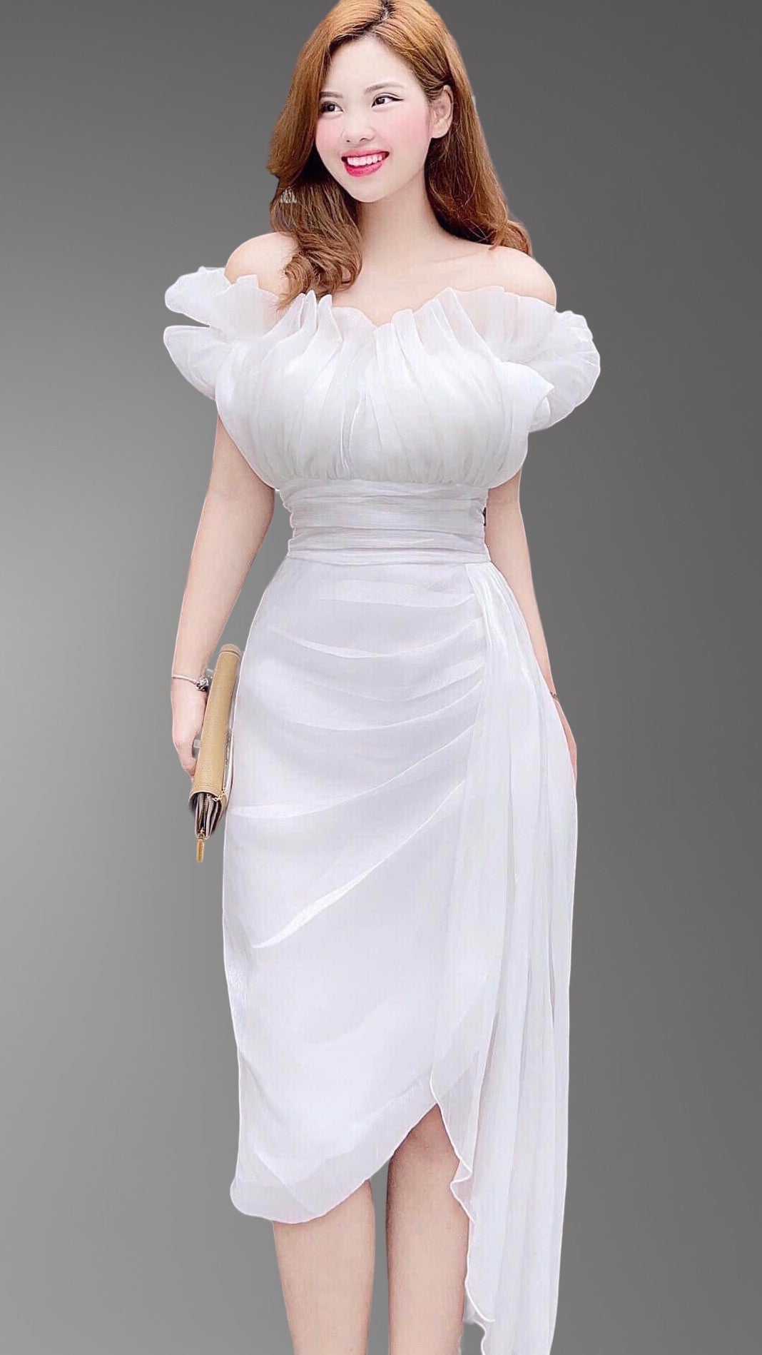 MJV1709 Off Shoulder Ruched Slit Party Dress - Mia & Jon