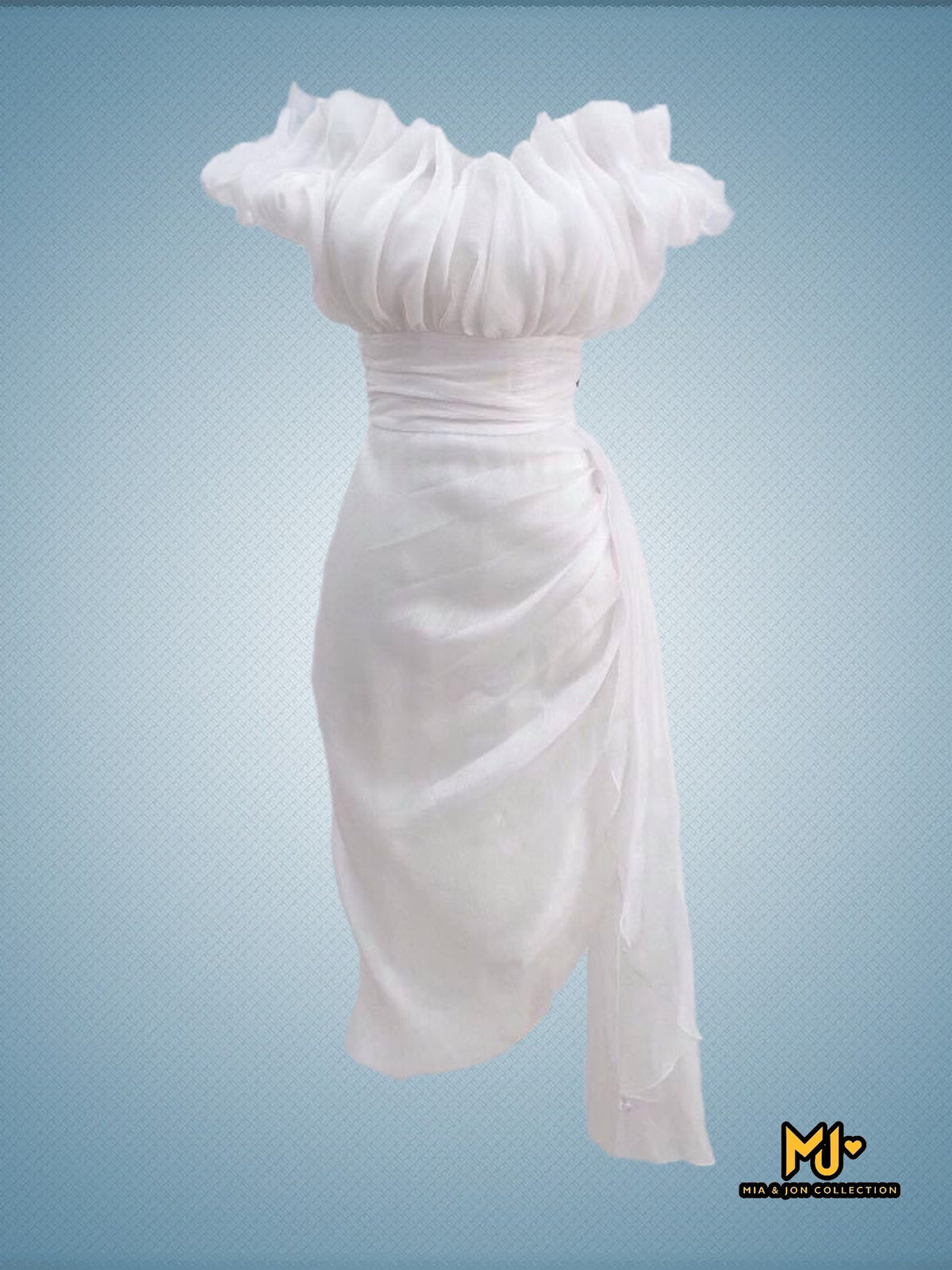 MJV1709 Off Shoulder Ruched Slit Party Dress - Mia & Jon