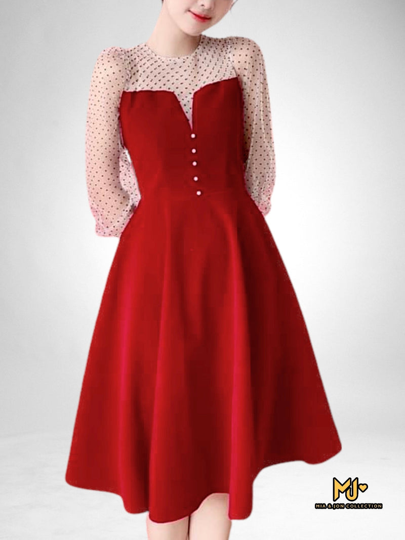MJV1721 Mesh Long Sleeve Fit & Flare Velvet Dress - Mia & Jon