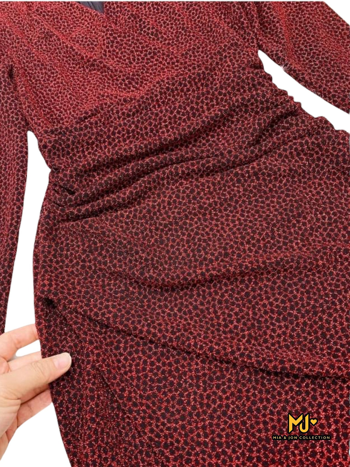 MJV1731 Red Long Sleeve Wrap Bodycon Dress - Mia & Jon