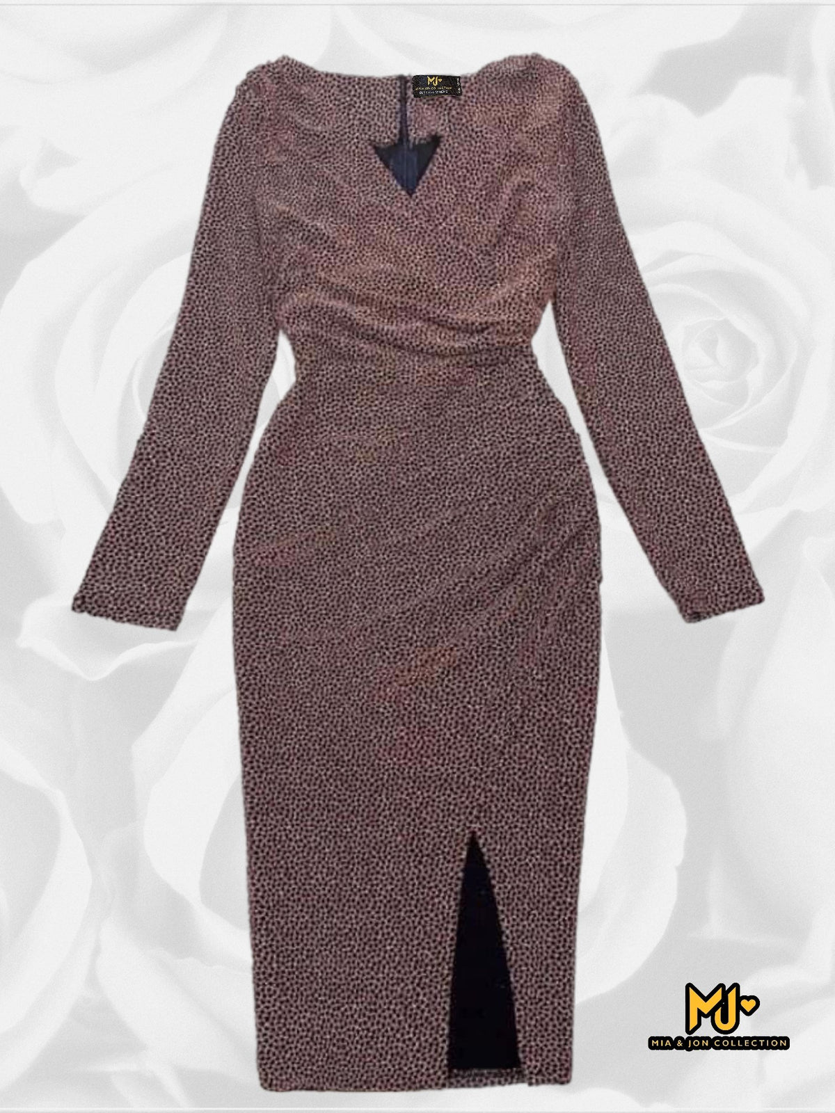 MJV1752 Glitter Long Sleeve Faux Wrap Slit Party Dress - Mia & Jon