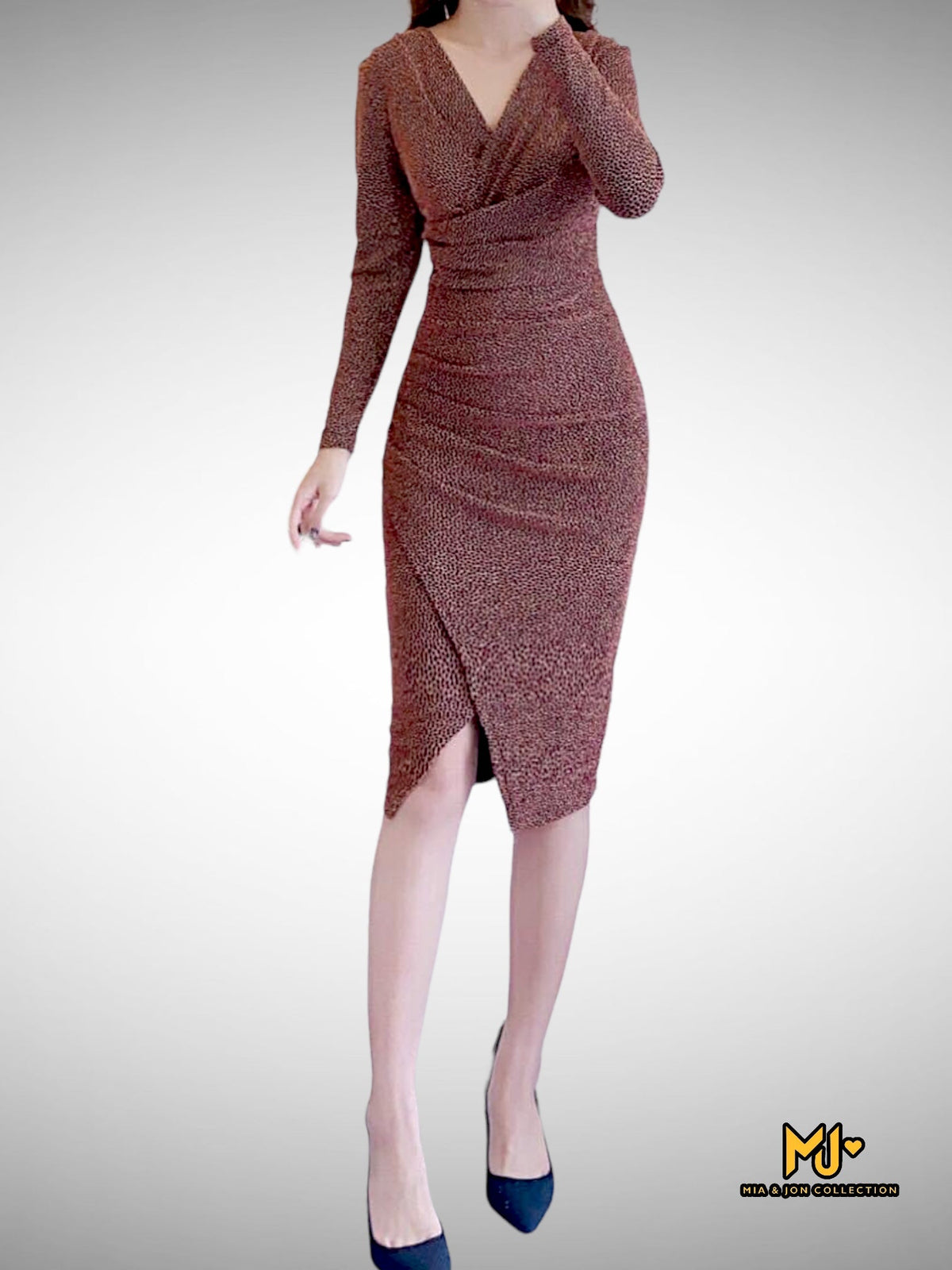 MJV1752 Glitter Long Sleeve Faux Wrap Slit Party Dress - Mia & Jon