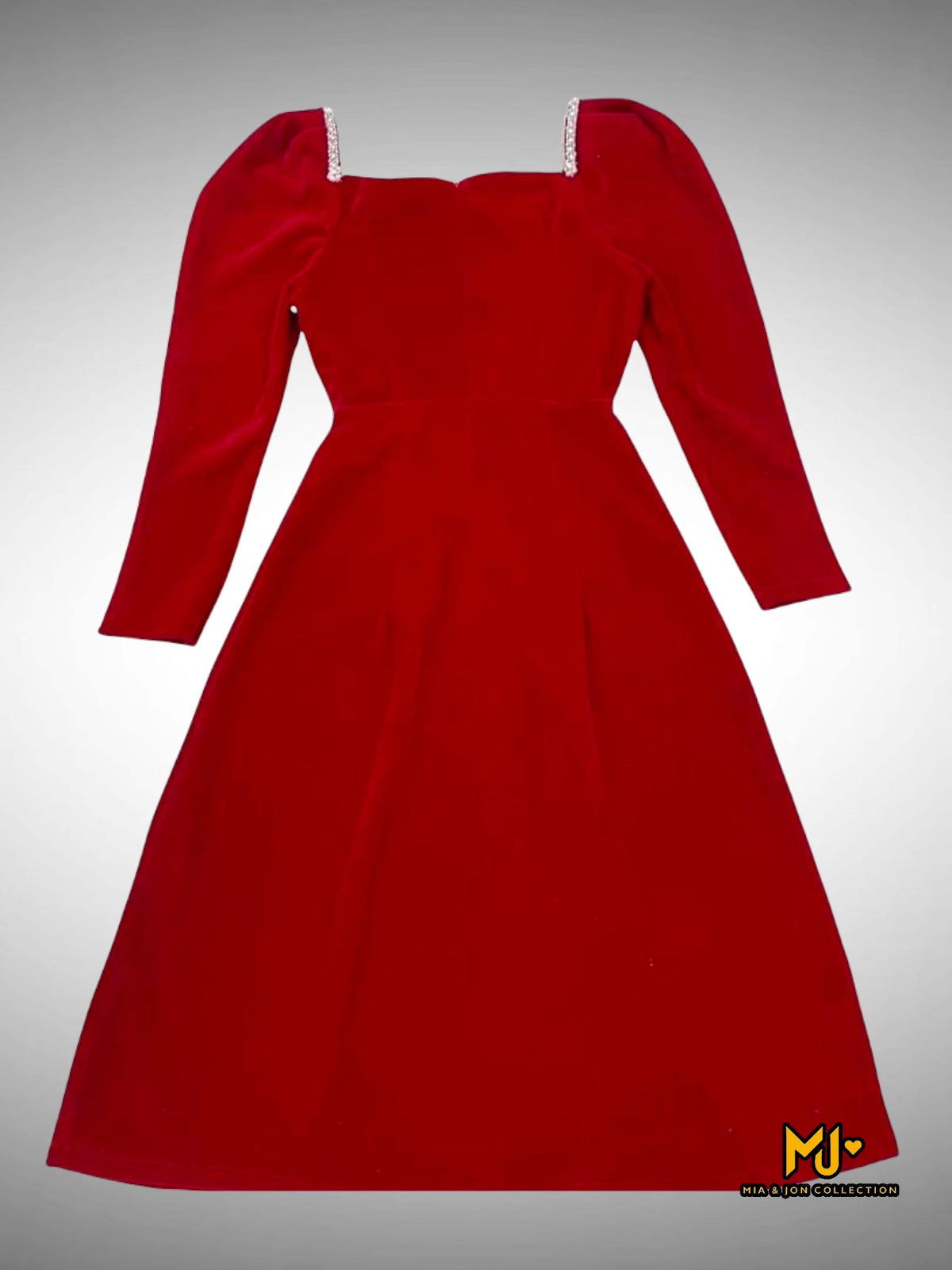 MJV1770 Red Velvet Puff Sleeve Midi Dress - Mia & Jon