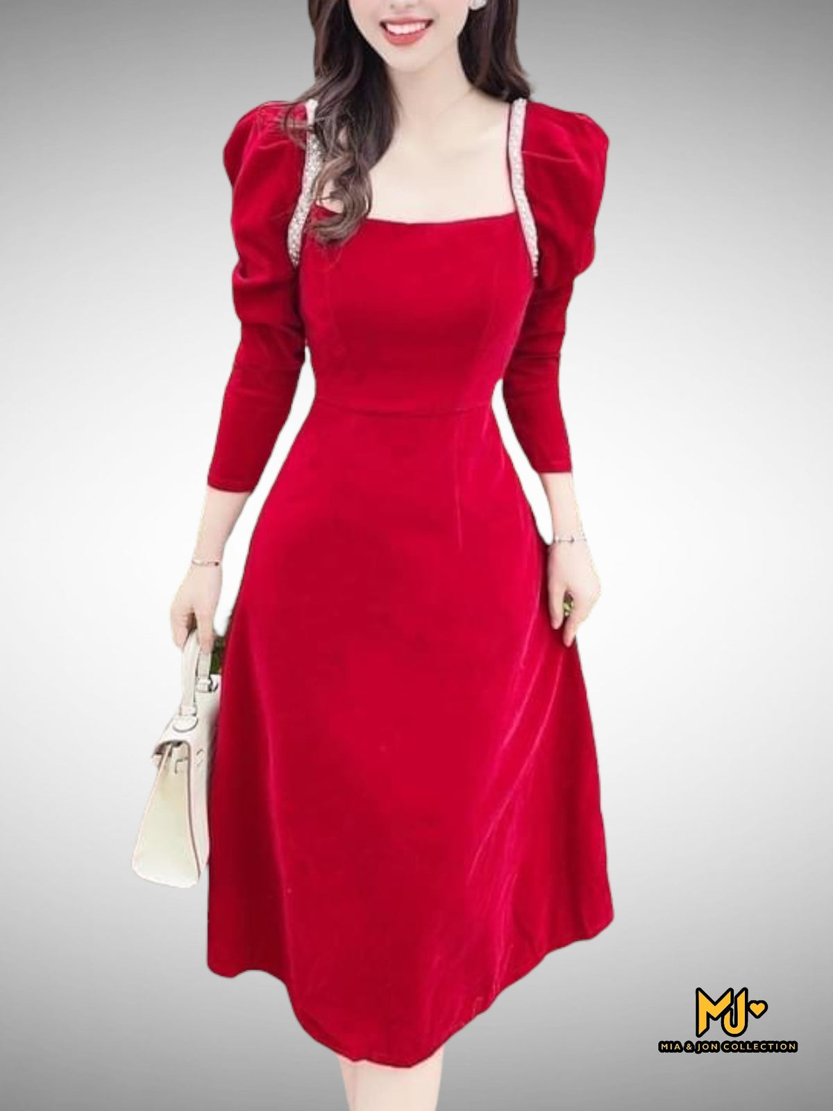 MJV1770 Red Velvet Puff Sleeve Midi Dress - Mia & Jon