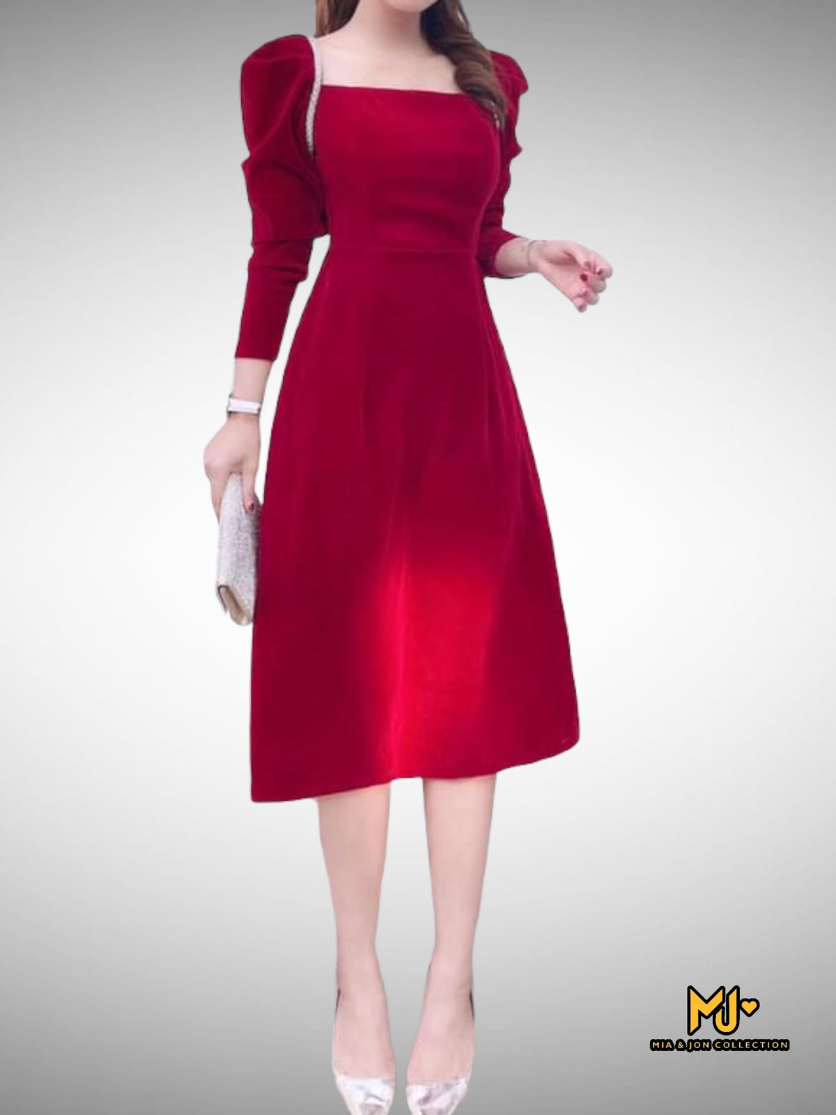 MJV1770 Red Velvet Puff Sleeve Midi Dress - Mia & Jon