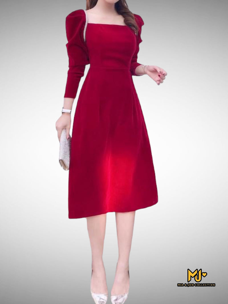 MJV1770 Red Velvet Puff Sleeve Midi Dress - Mia & Jon