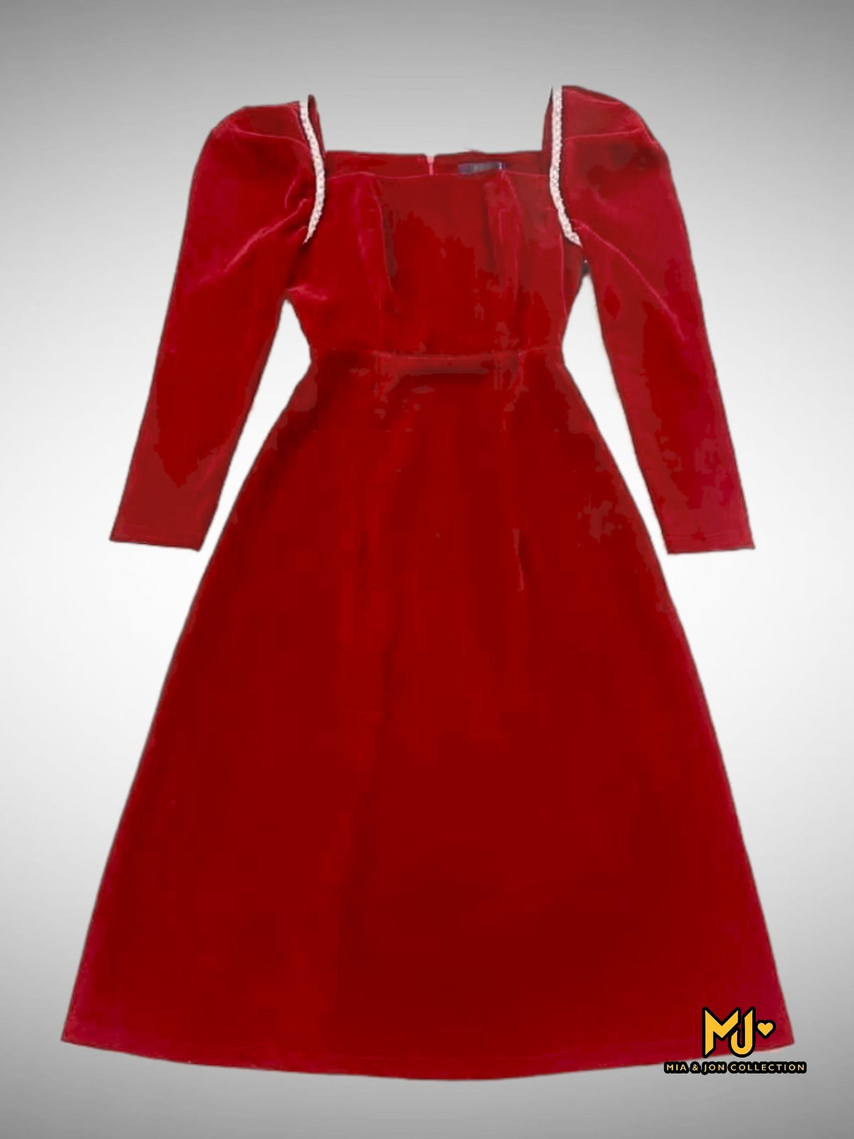 MJV1770 Red Velvet Puff Sleeve Midi Dress - Mia & Jon
