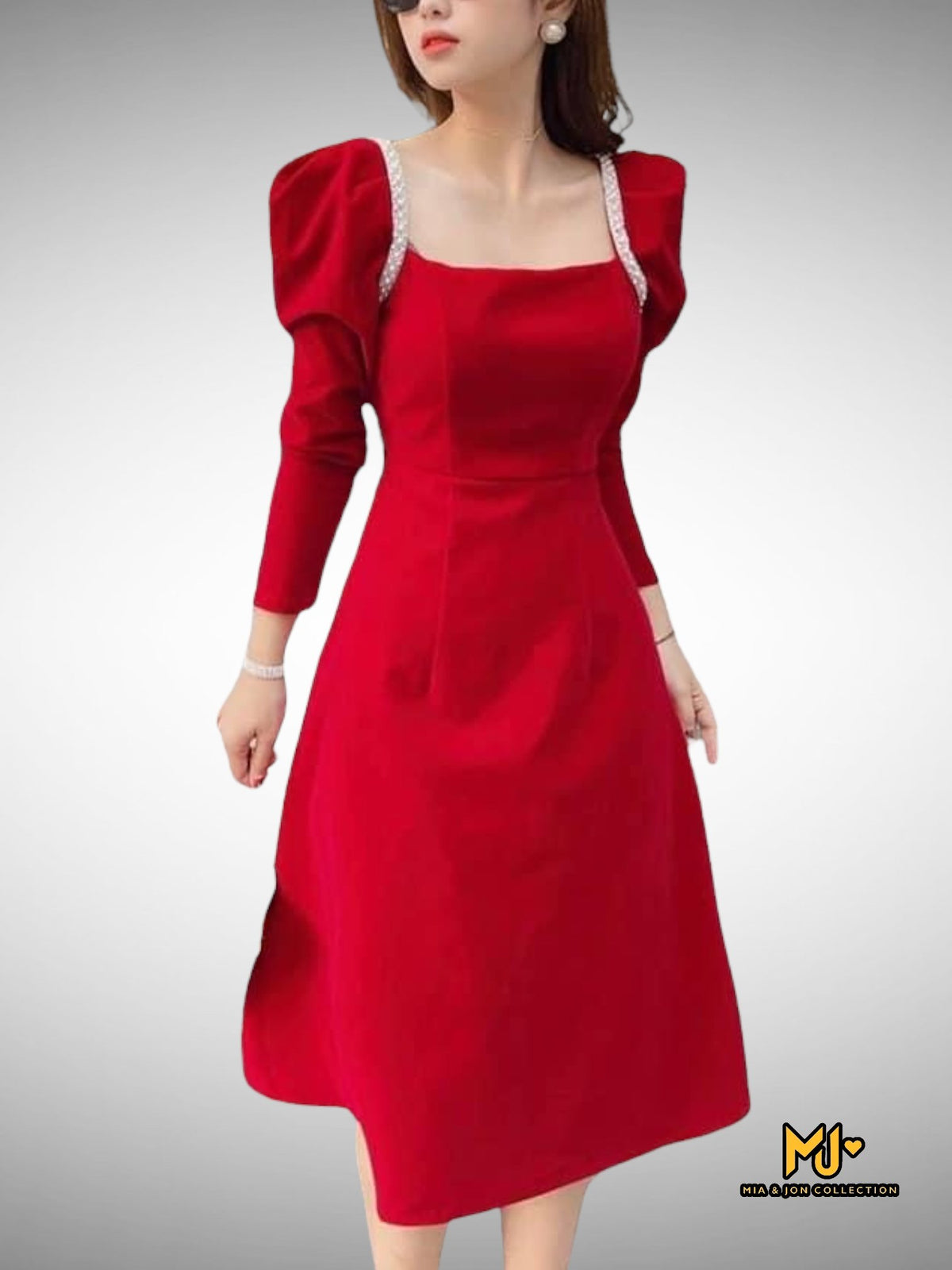 MJV1770 Red Velvet Puff Sleeve Midi Dress - Mia & Jon M MJV1770 Red Velvet Puff Sleeve Midi Dress - Mia & Jon M