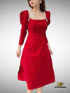 MJV1770 Red Velvet Puff Sleeve Midi Dress - Mia & Jon