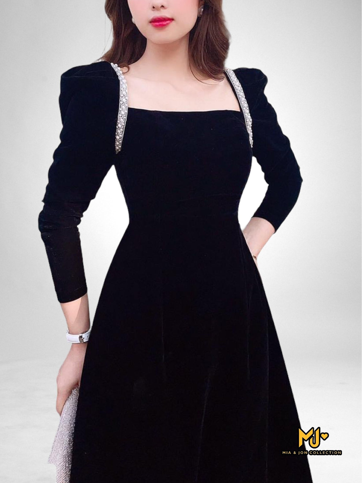 MJV1778 Black Velvet Fit & Flare Dress - Mia & Jon