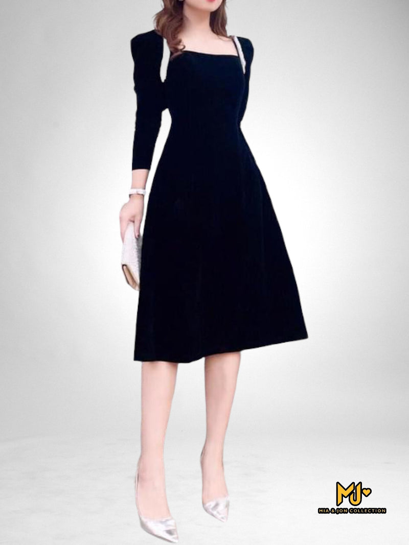 MJV1778 Black Velvet Fit & Flare Dress - Mia & Jon