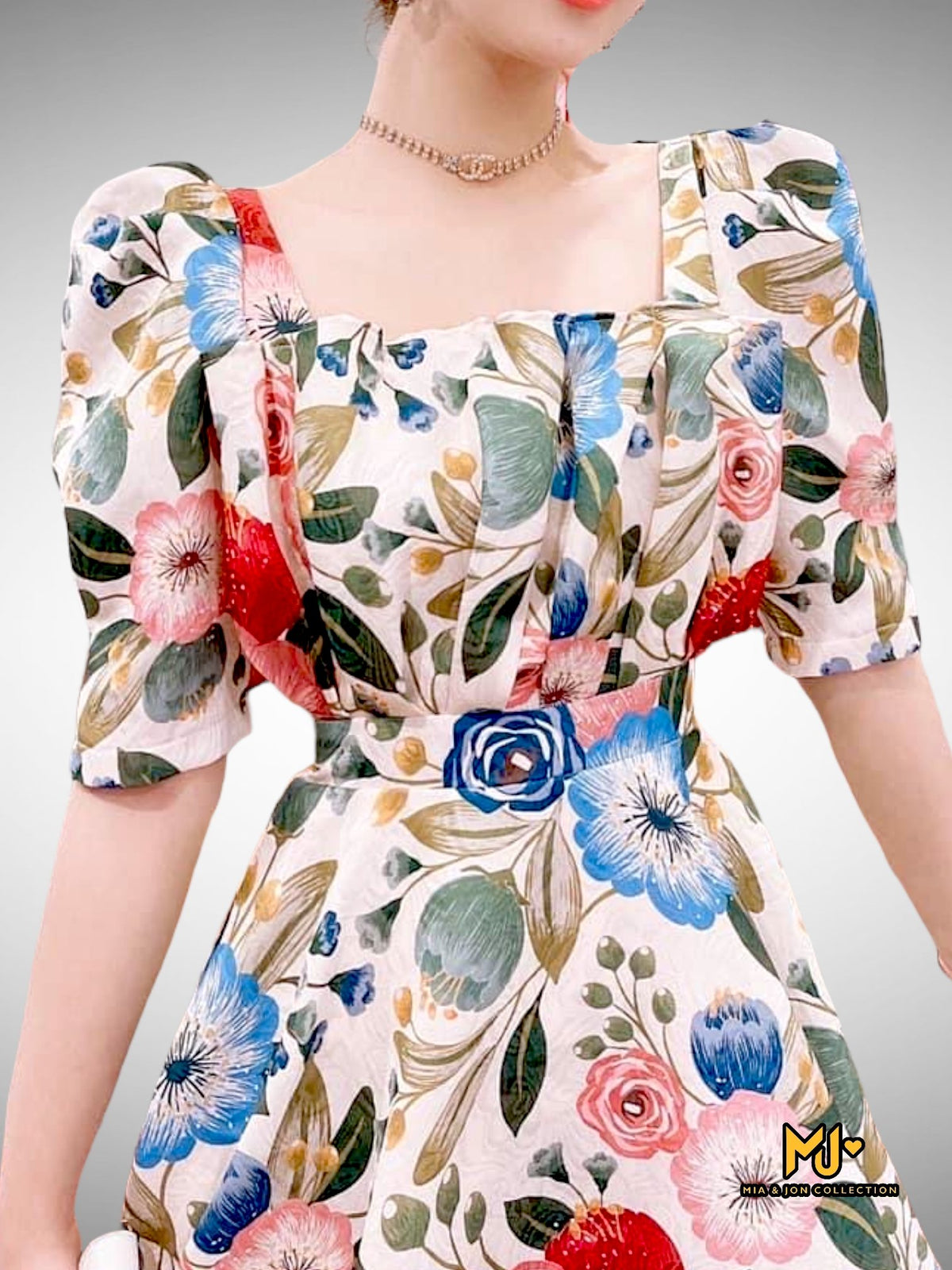 MJV1841 Square Neck Puff Sleeve Layered Hem Dress - Mia & Jon