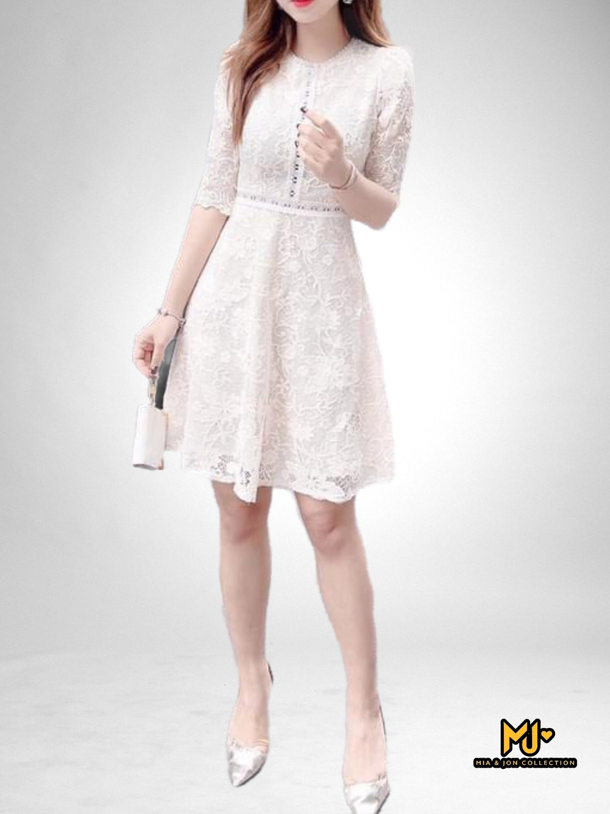 MJV1847 Ivory Fit & Flare Lace Dress - Mia & Jon