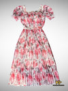 MJV1849 Rose Print Square Neck Pleated Chiffon Dress - Mia & Jon