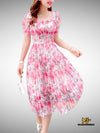 MJV1849 Rose Print Square Neck Pleated Chiffon Dress - Mia & Jon