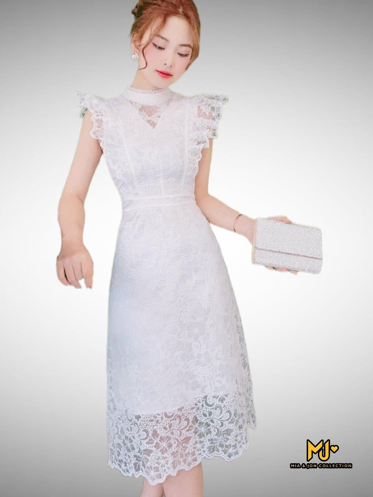 MJV1870 White Flutter Sleeve Lace Midi Dress - Mia & Jon