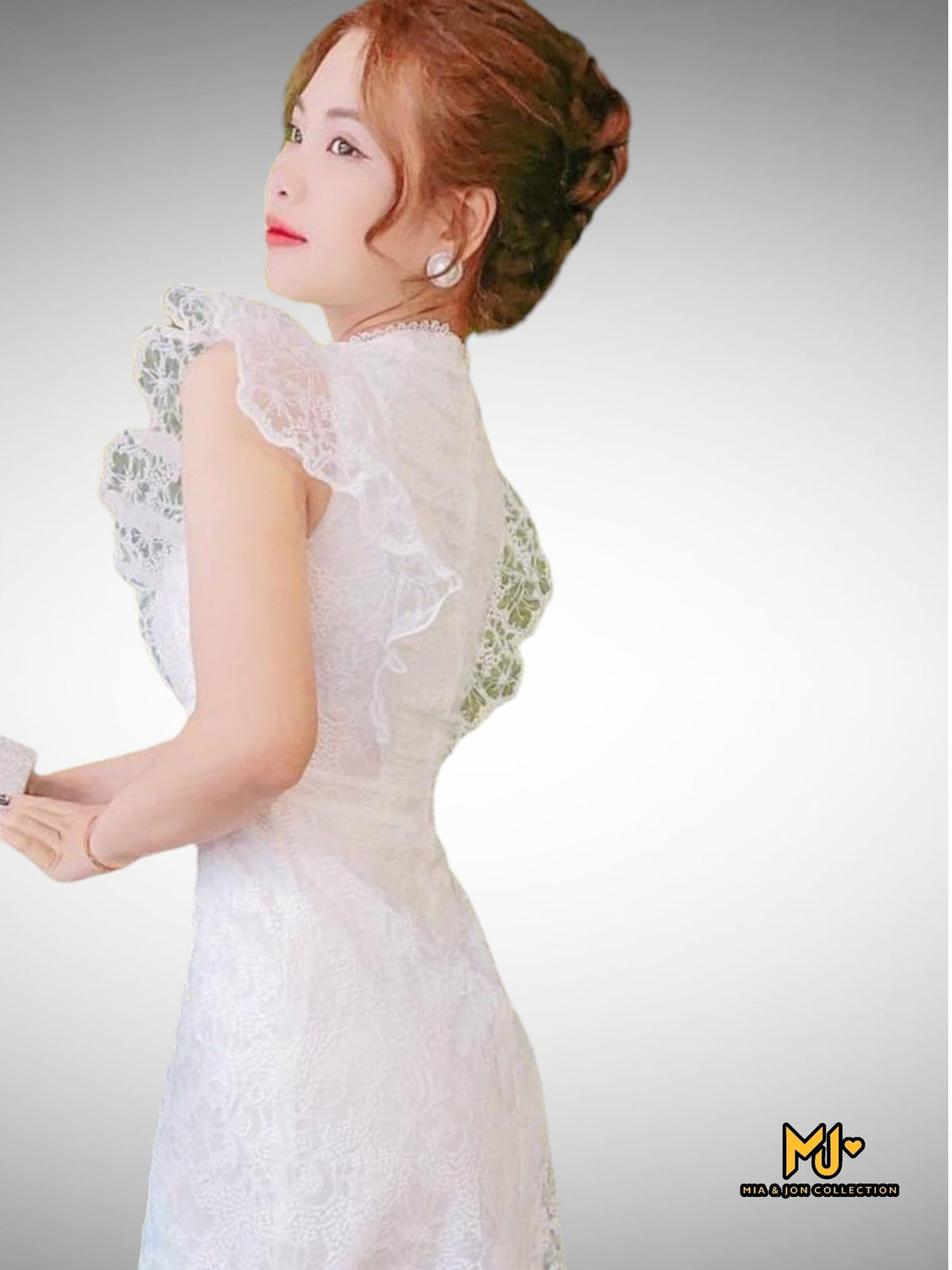 MJV1870 White Flutter Sleeve Lace Midi Dress - Mia & Jon