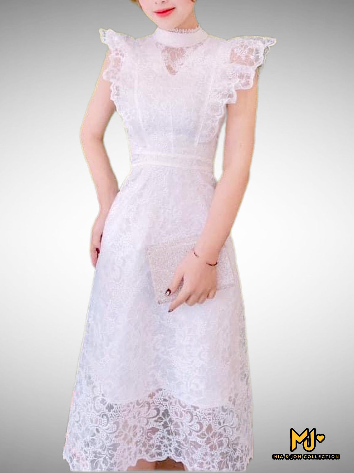 MJV1870 White Flutter Sleeve Lace Midi Dress - Mia & Jon