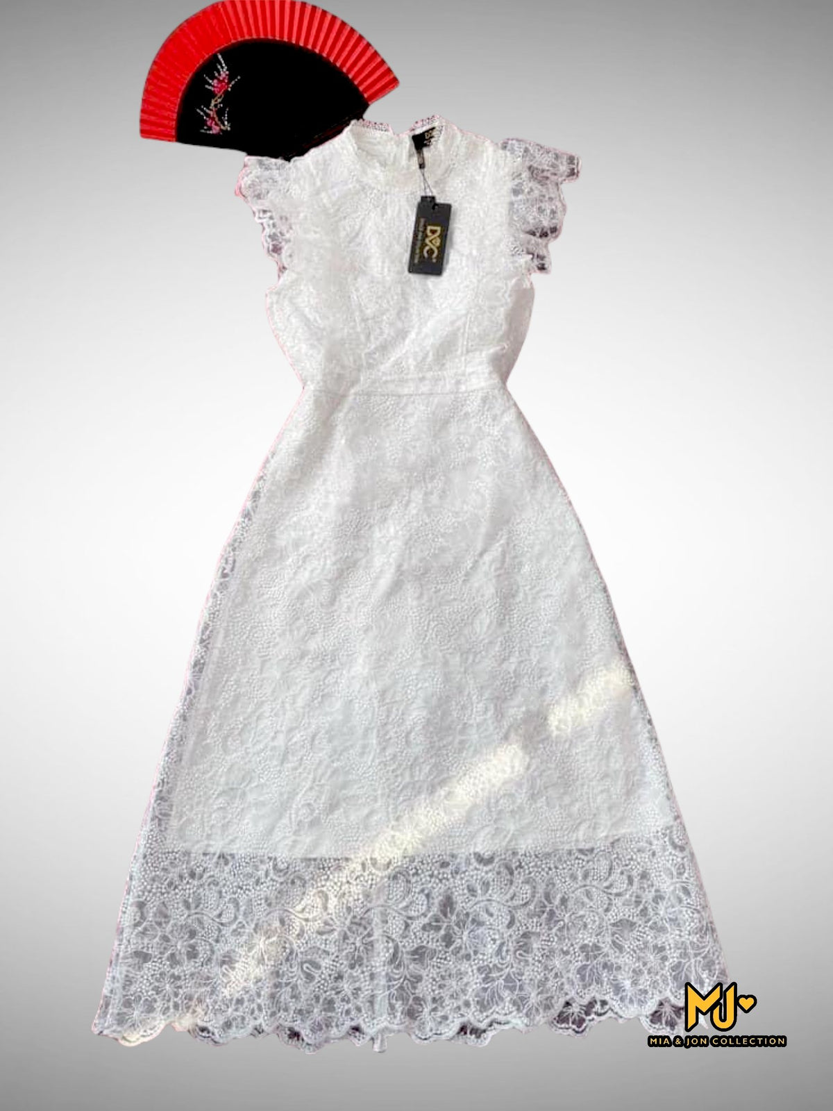 MJV1870 White Flutter Sleeve Lace Midi Dress - Mia & Jon