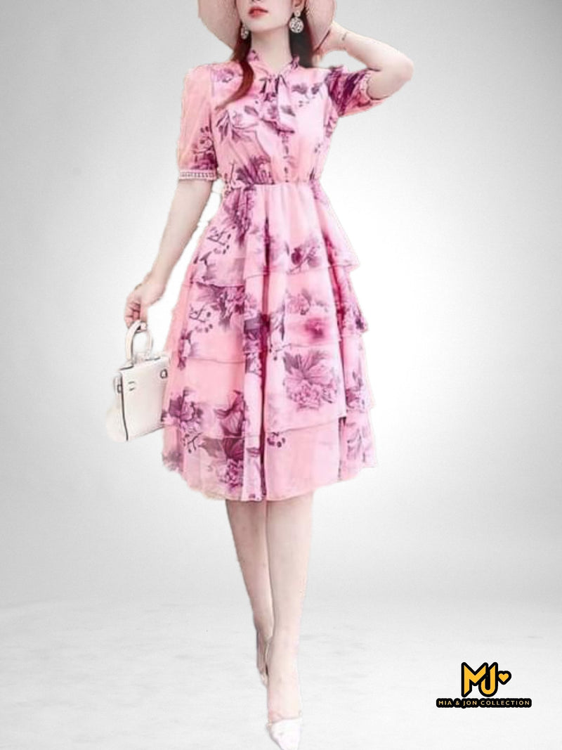 MJV1876 Tie Neck Chiffon Midi Dress - Mia & Jon