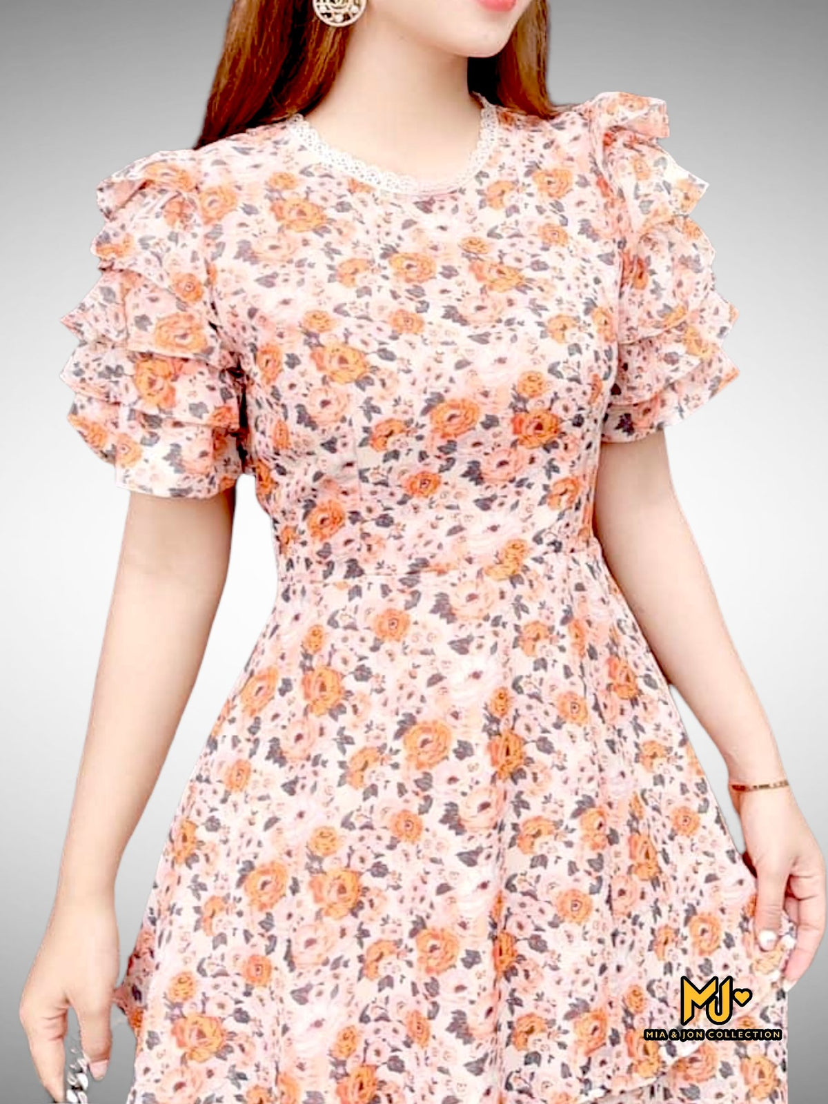 MJV1882 Mini Flower Ruffle Sleeve Tiered Dress - Mia & Jon