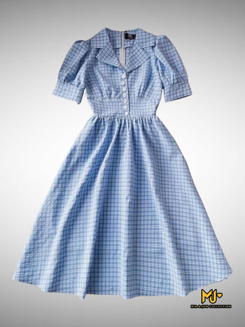 MJV1899 Blue Plaid Puff Sleeve Button Detailed Midi Dress - Mia & Jon