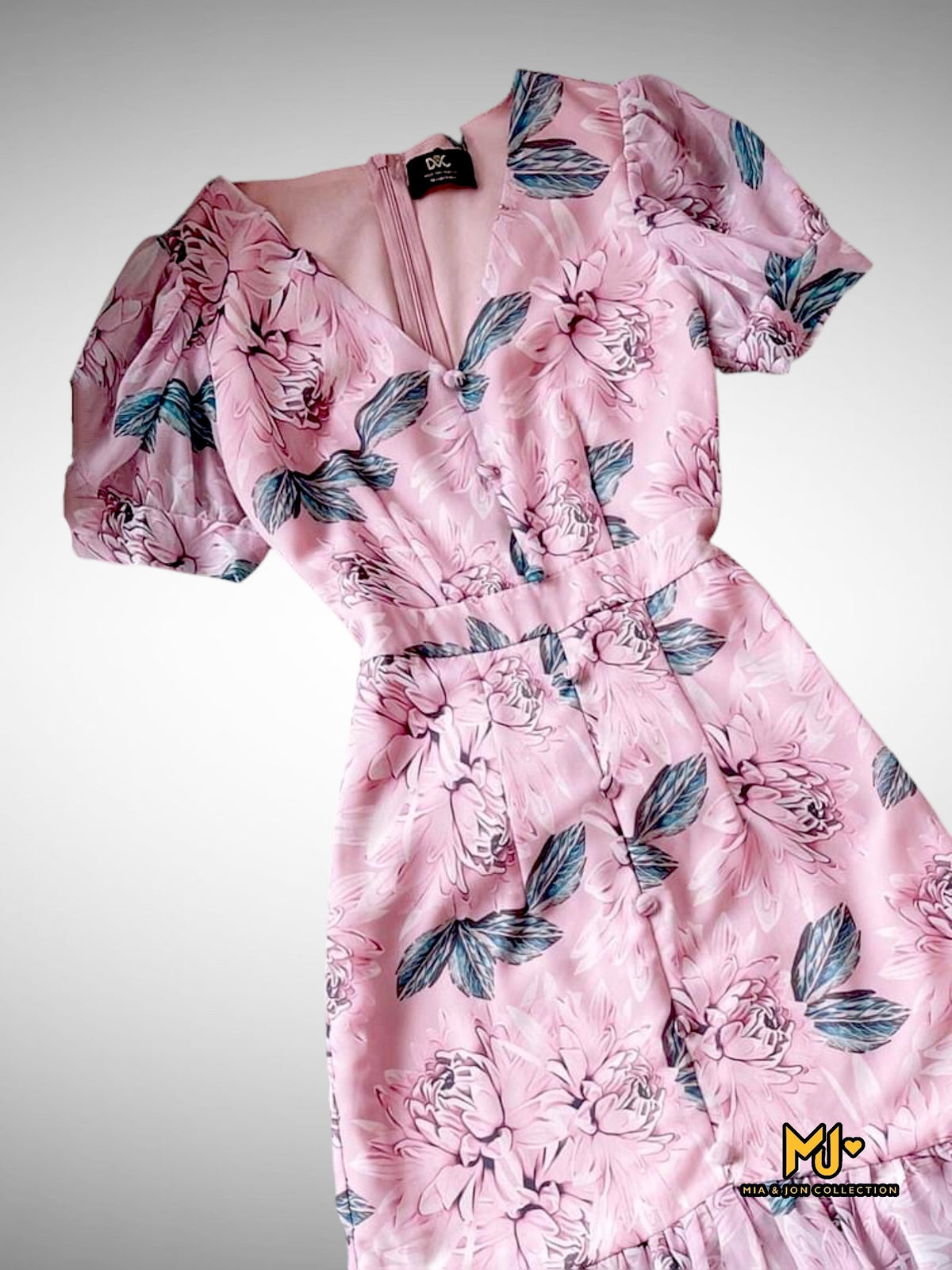 MJV1900 Floral Button Detail Mermaid Hem Dress - Mia & Jon